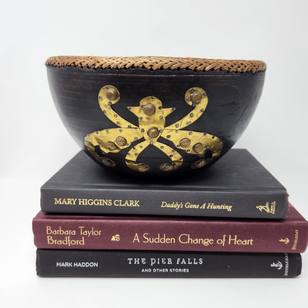 Antique Vintage Hand Carved Wood Bowl with Rattan Basket Edge‎ & Brass Accents